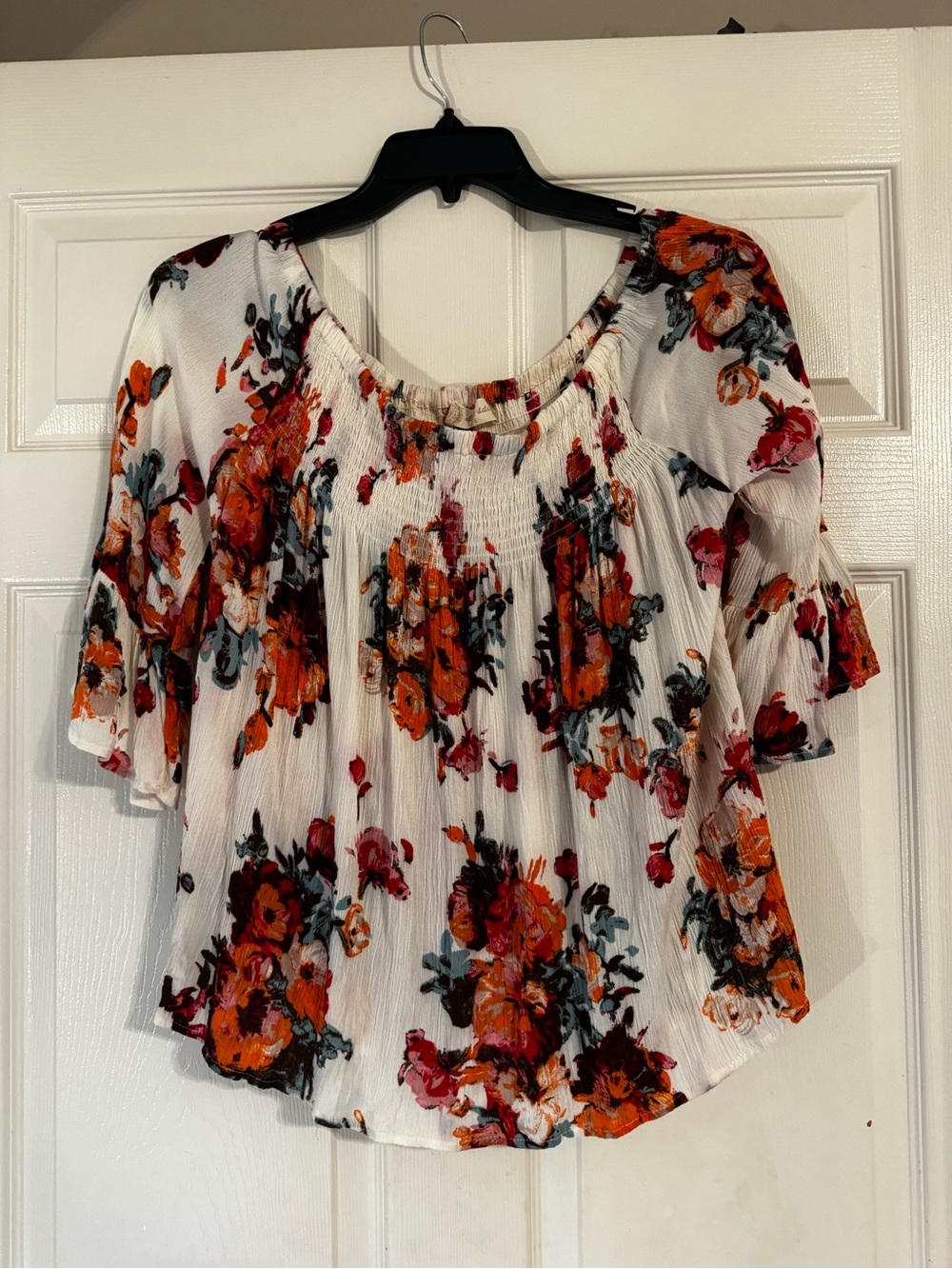 Altar'd State White Floral Scoop-Neck Blouse with Orange Accents